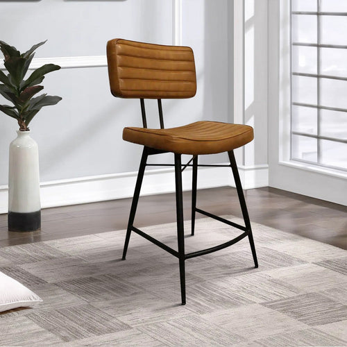 Mia 24 Inch Counter Stool, Set of 2, Hand Dyed Brown Leather, Deep Tufting