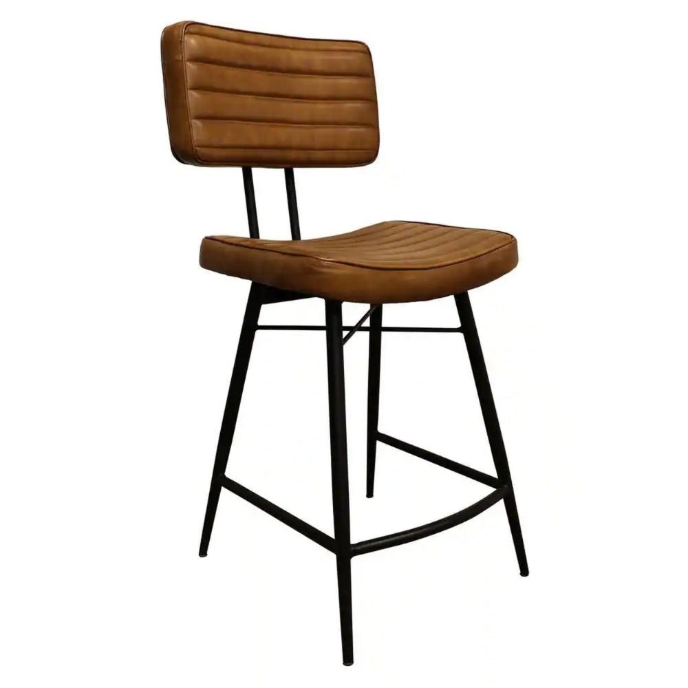 Mia 24 Inch Counter Stool, Set of 2, Hand Dyed Brown Leather, Deep Tufting