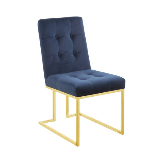 19 Inch Modern Dining Chair, Set of 2, Blue Velvet Fabric, Gold Metal Frame