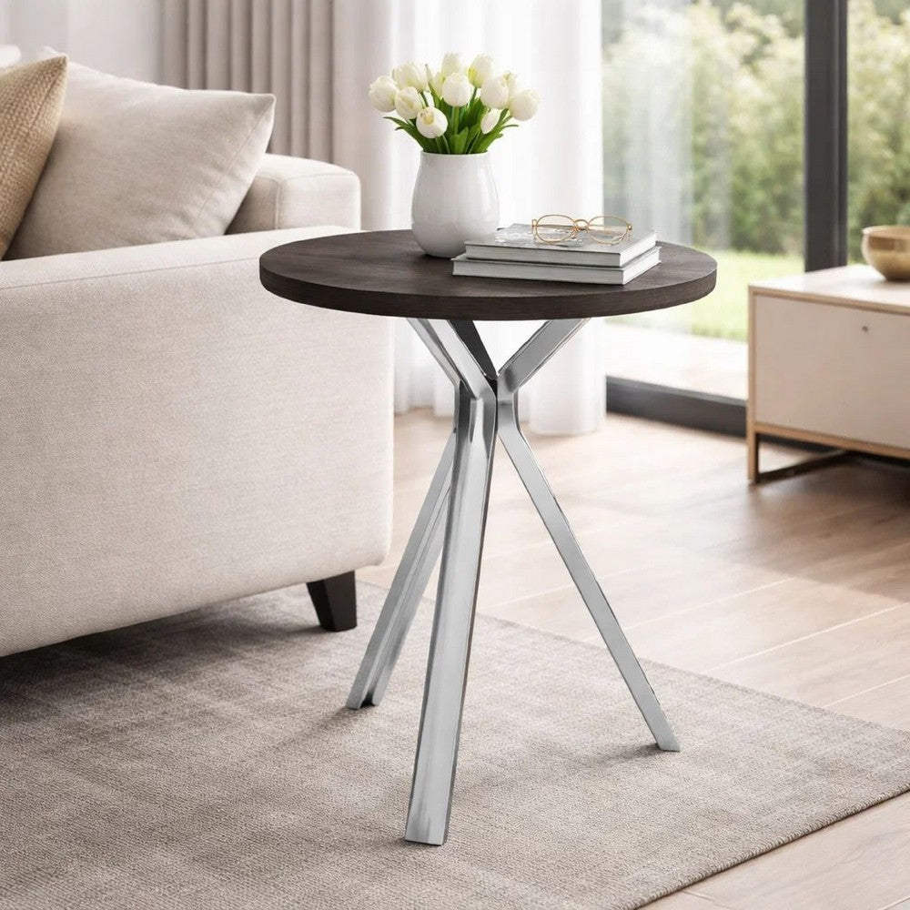 43 Inch Modern Bar Table, Gray Round Top, Polished Chrome Angled Legs