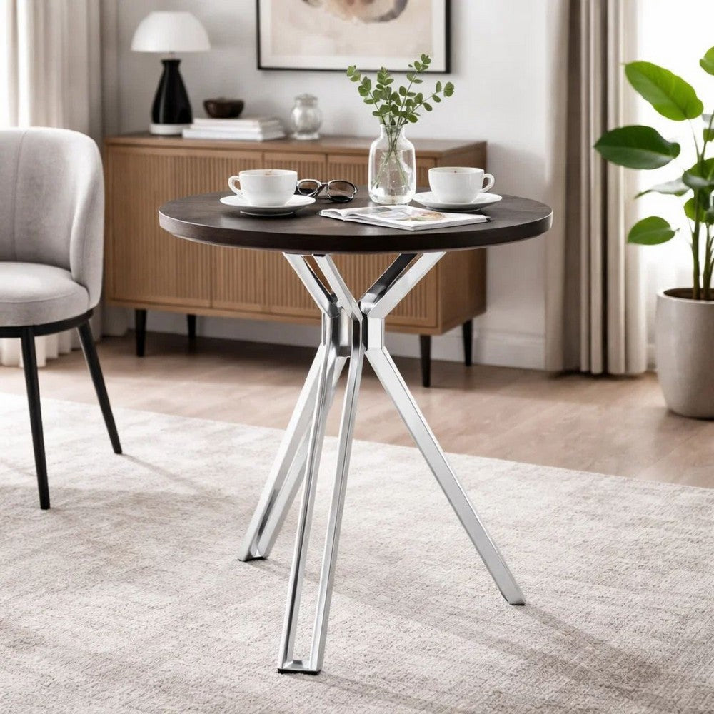 43 Inch Modern Bar Table, Gray Round Top, Polished Chrome Angled Legs