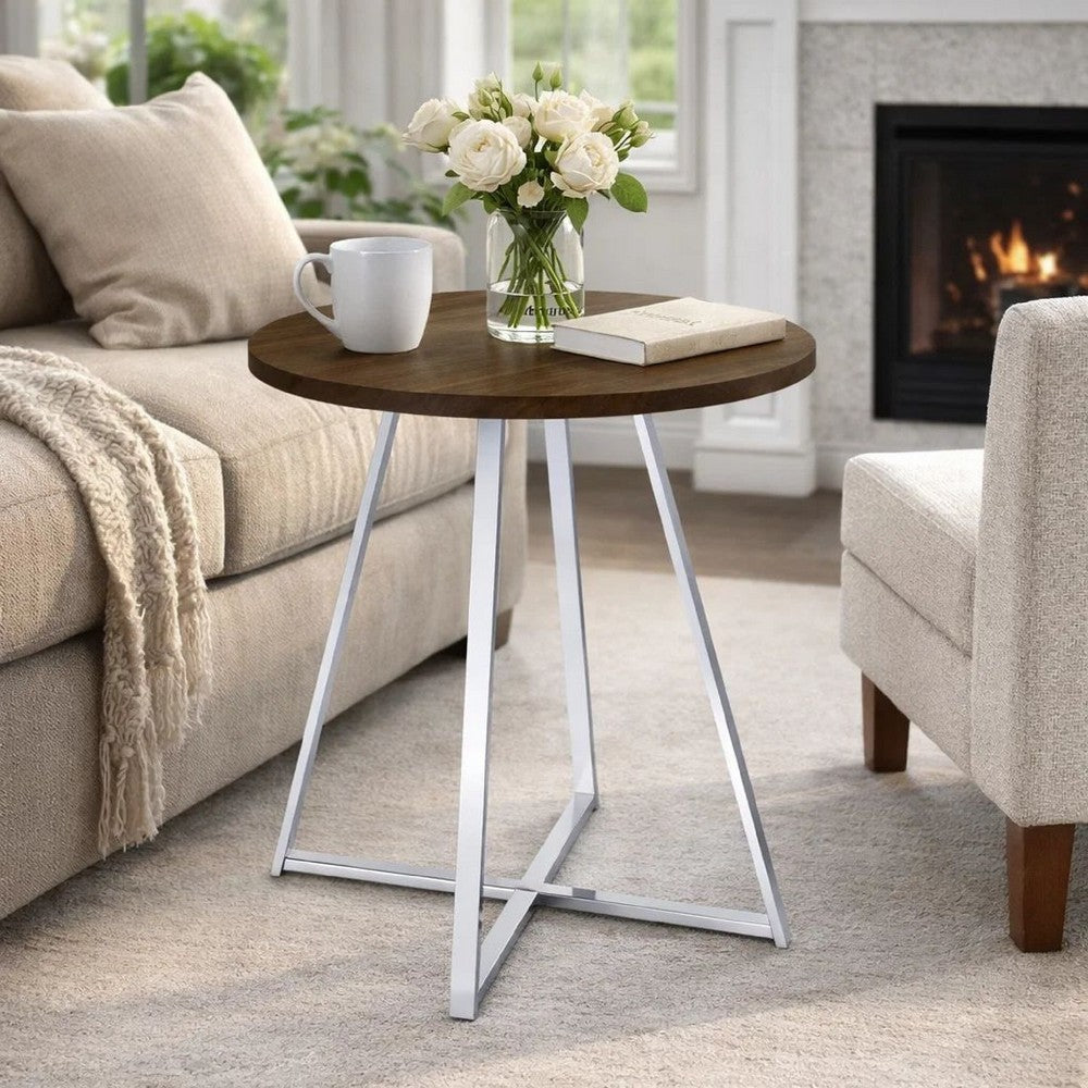 43 Inch Tall Modern Bar Table, Brown Round Top, Polished Chrome Flared Legs