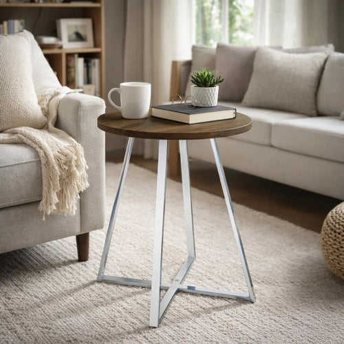 43 Inch Tall Modern Bar Table, Brown Round Top, Polished Chrome Flared Legs