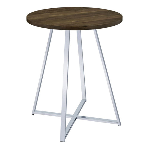 43 Inch Tall Modern Bar Table, Brown Round Top, Polished Chrome Flared Legs