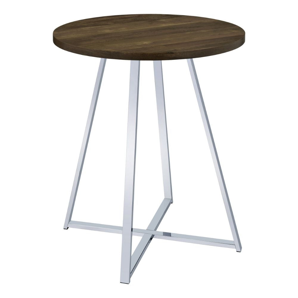 43 Inch Tall Modern Bar Table, Brown Round Top, Polished Chrome Flared Legs