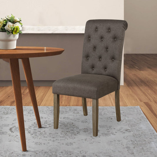 Neli 19 Inch Side Dining Chair, Set of 2, Rolled Button Tufted Back, Brown By Casagear Home