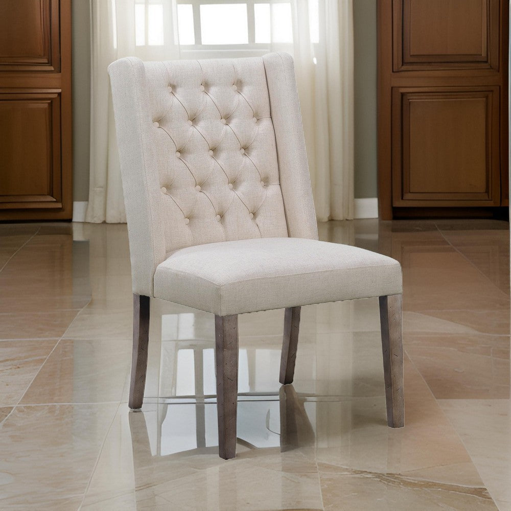 Neli 22 Inch Dining Chair, Set of 2, Wingback, Button Tufted, Beige Fabric By Casagear Home