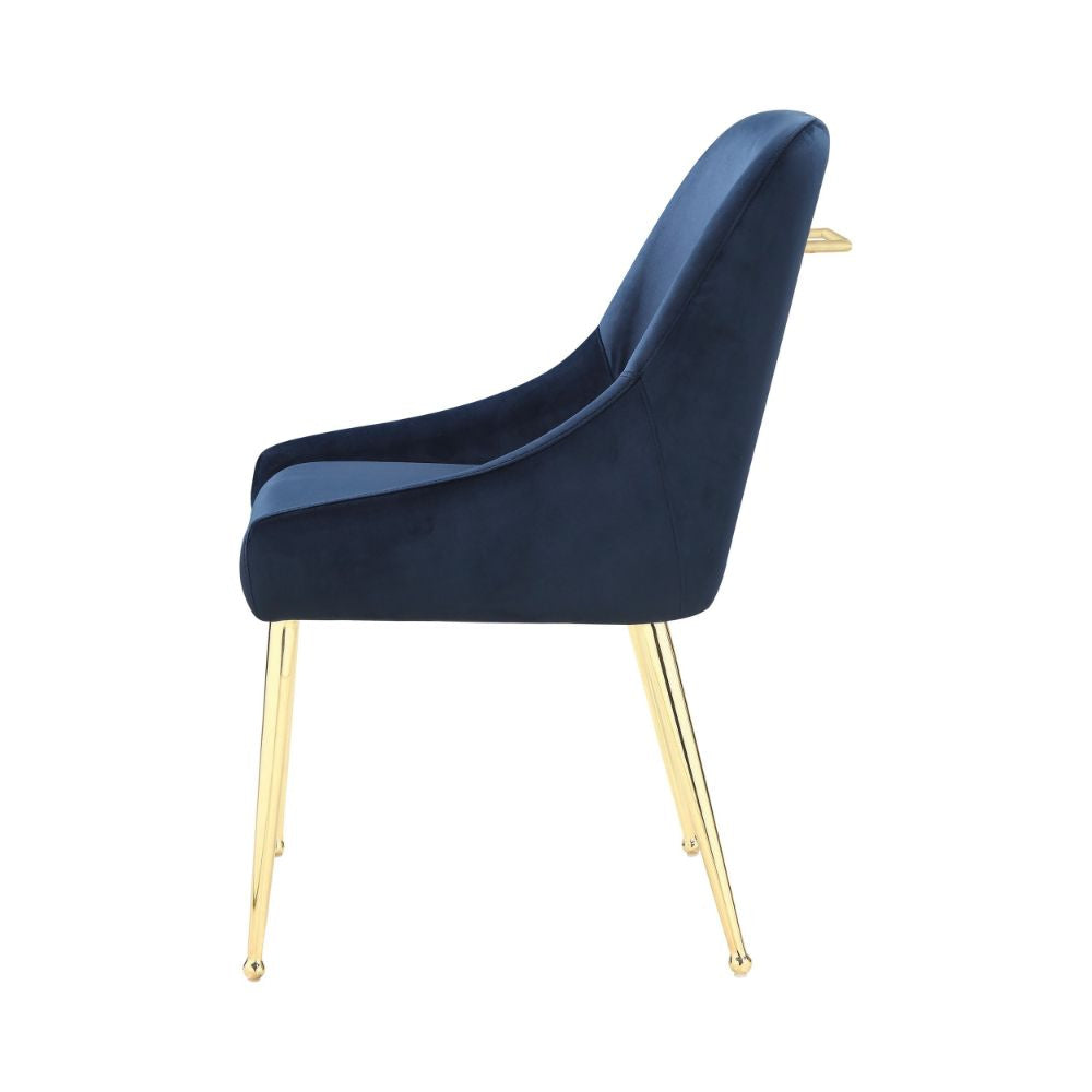23 Inch Side Chair Set of 2 Blue Fabric Sloped Arms Gold Metal Legs BM297193