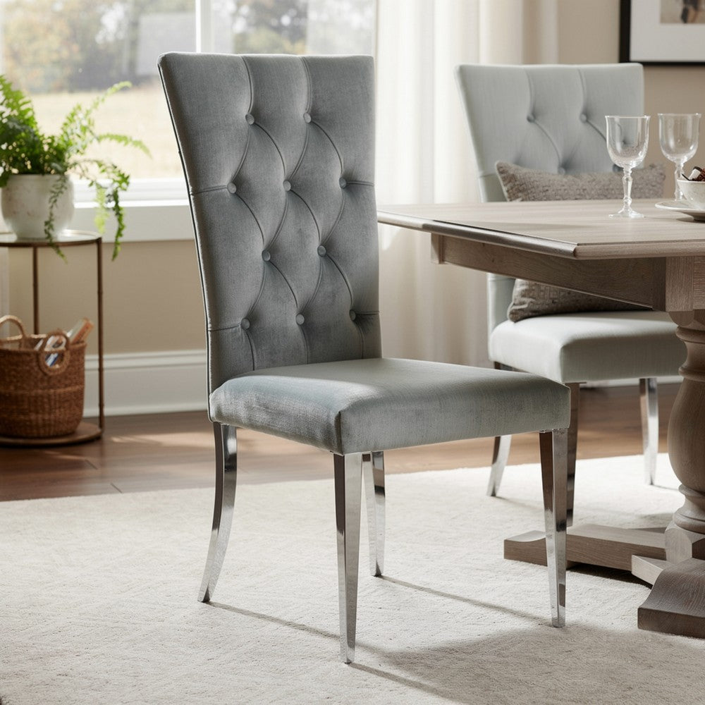 Kery 20 Inch Set of 2 Side Chairs, Gray Velvet, Tall Flared Tufted Back