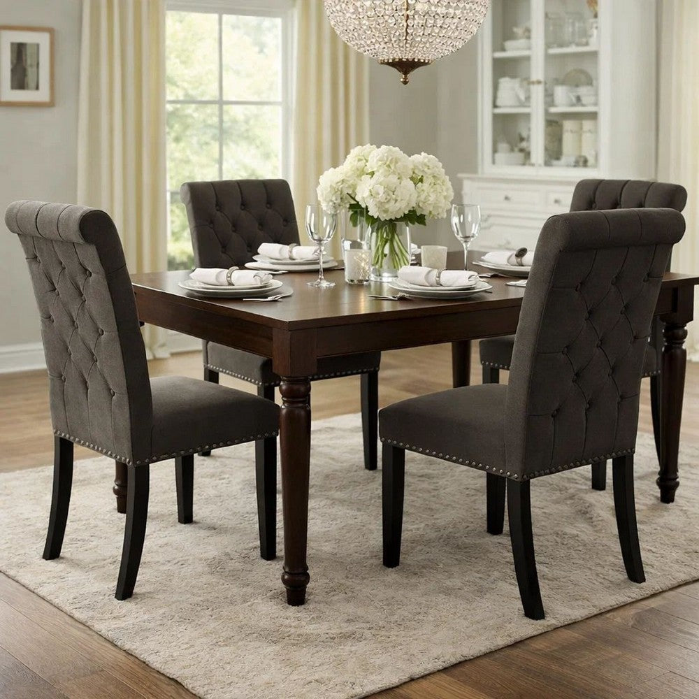 Ali 20 Inch Set of 2 Side Chairs, Brown Rolled Back, Deep Button Tufting