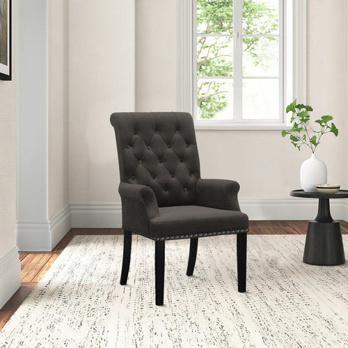 Ali 27 Inch Accent Armchair, Brown Fabric, Rolled Back, Deep Button Tufted