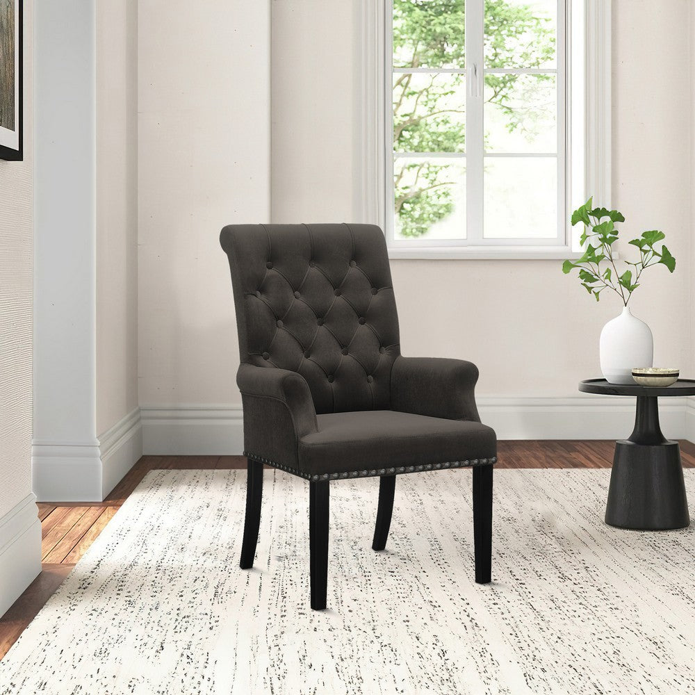 Ali 27 Inch Accent Armchair, Brown Fabric, Rolled Back, Deep Button Tufted