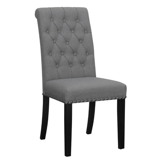 Ali 20 Inch Set of 2 Side Chairs, Tall Rolled Tufted Back, Dark Gray, Brown