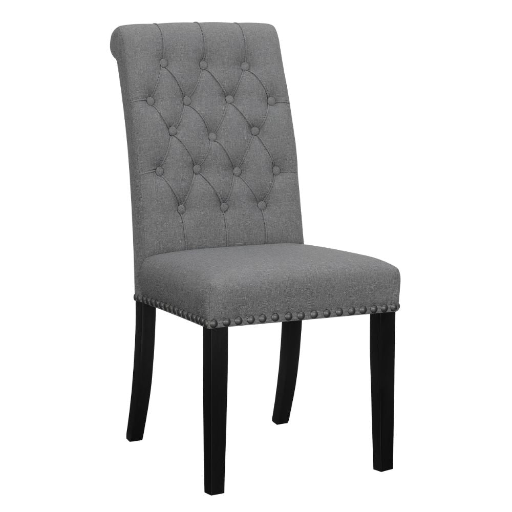 Ali 20 Inch Set of 2 Side Chairs, Tall Rolled Tufted Back, Dark Gray, Brown