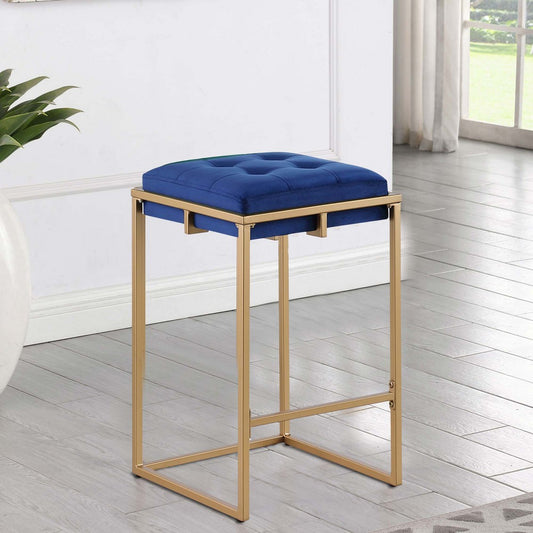 Dia 26 Inch Set of 2 Counter Stools, Blue Velvet Foam Seat, Gold Metal Base By Casagear Home