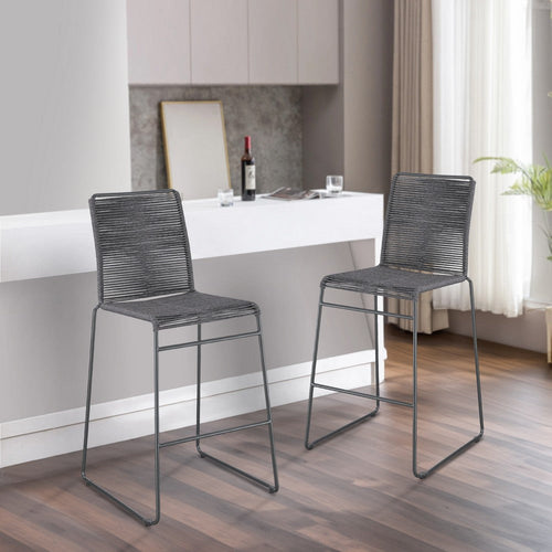 Nee 30 Inch Set of 2 Barstool Chairs with Footrests, Charcoal Gray Rope