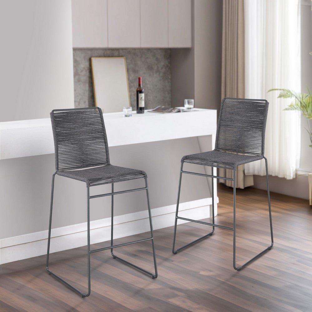 Nee 30 Inch Set of 2 Barstool Chairs with Footrests, Charcoal Gray Rope
