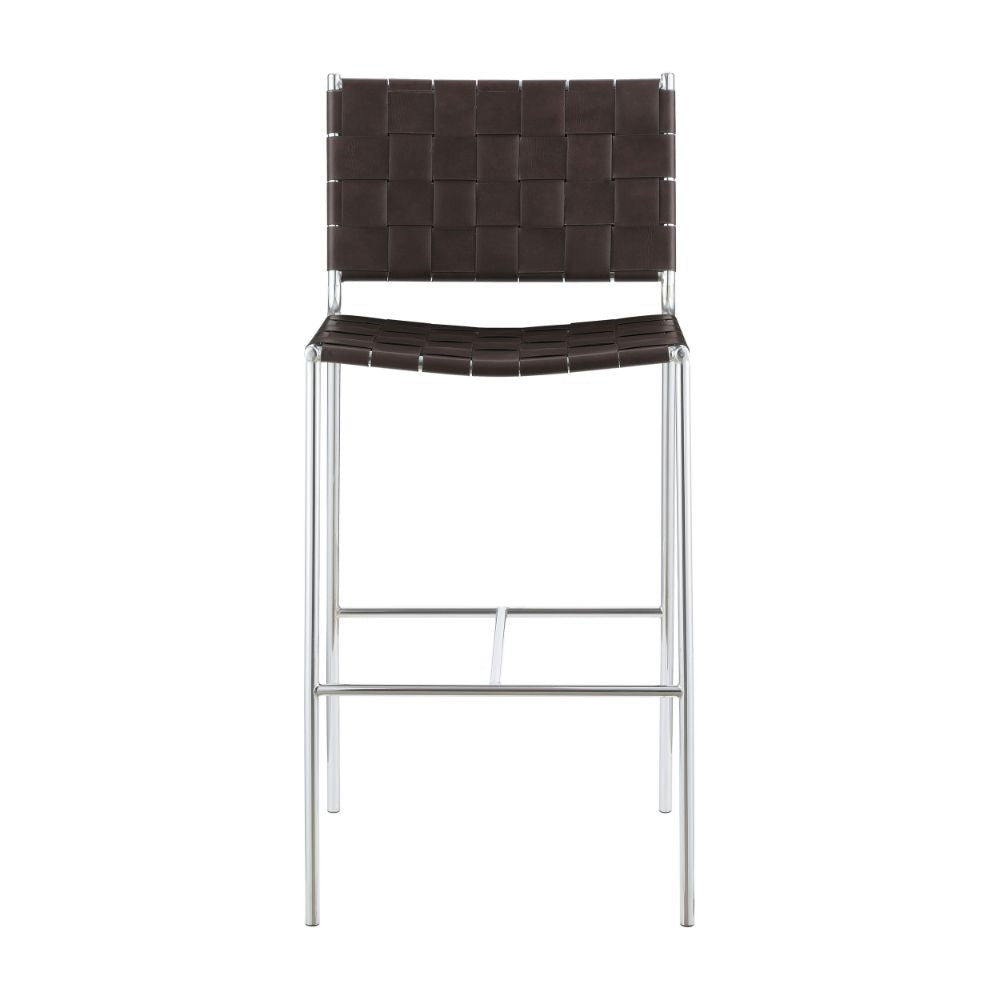 Anx 29 Inch Barstool Chrome Metal Legs Brown Faux Leather Band Weaving BM297216