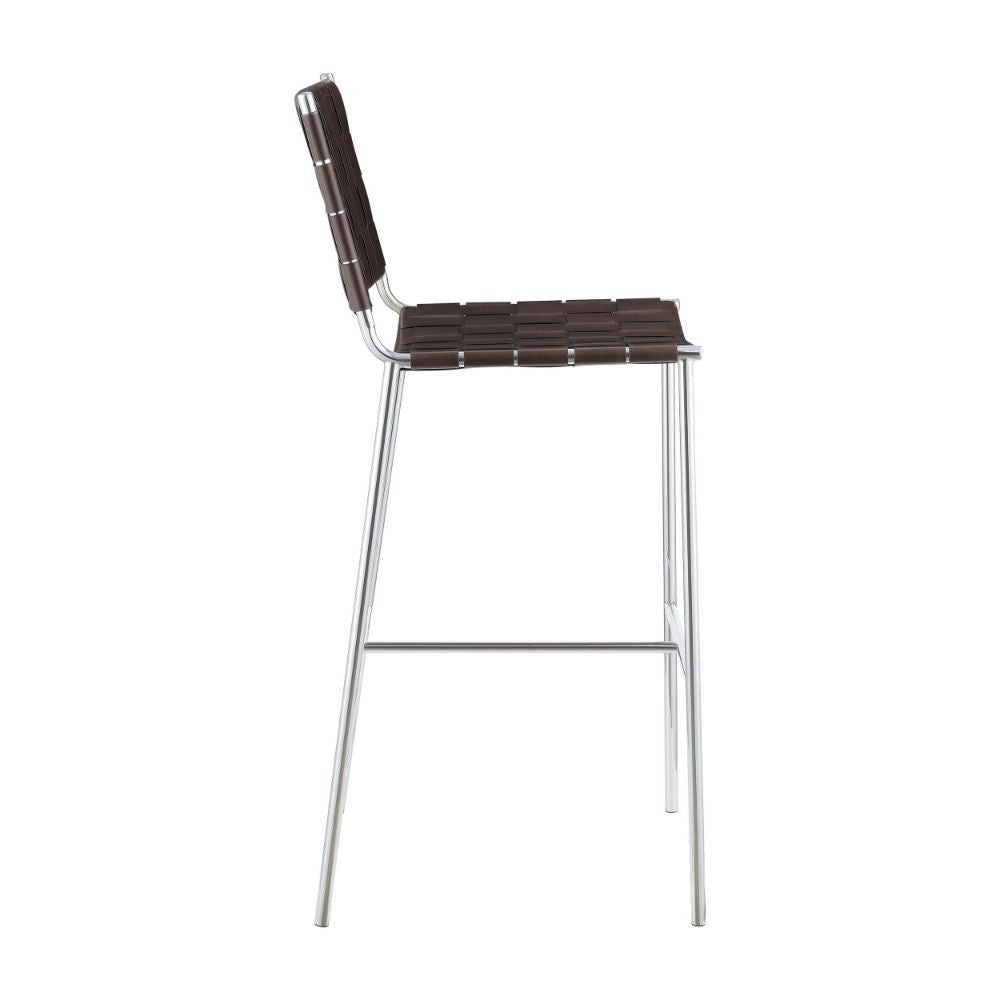 Anx 29 Inch Barstool Chrome Metal Legs Brown Faux Leather Band Weaving BM297216