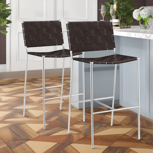 Anx 29 Inch Barstool, Chrome Metal Legs, Brown Faux Leather Band Weaving