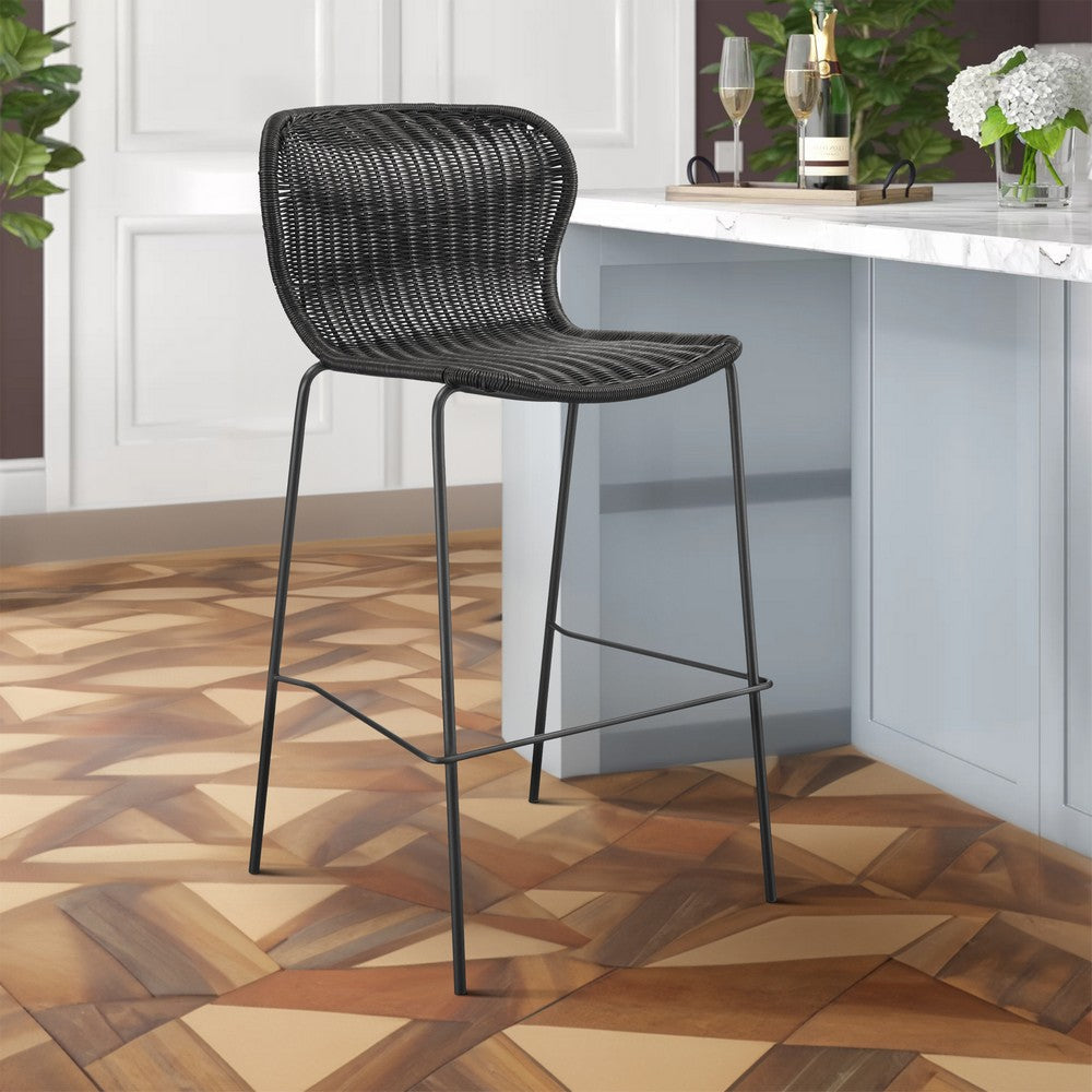 Qob 30 Inch Set of 2 Barstools, Brown Woven Rattan Seat, Metal Frame