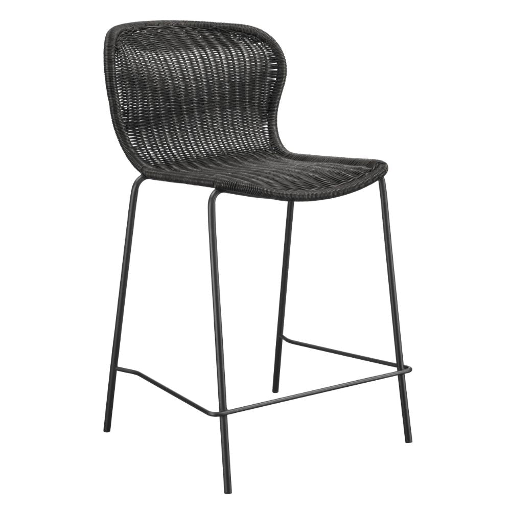 Qob 25 Inch Set of 2 Counter Stools, Brown Rattan Woven, Metal Frame