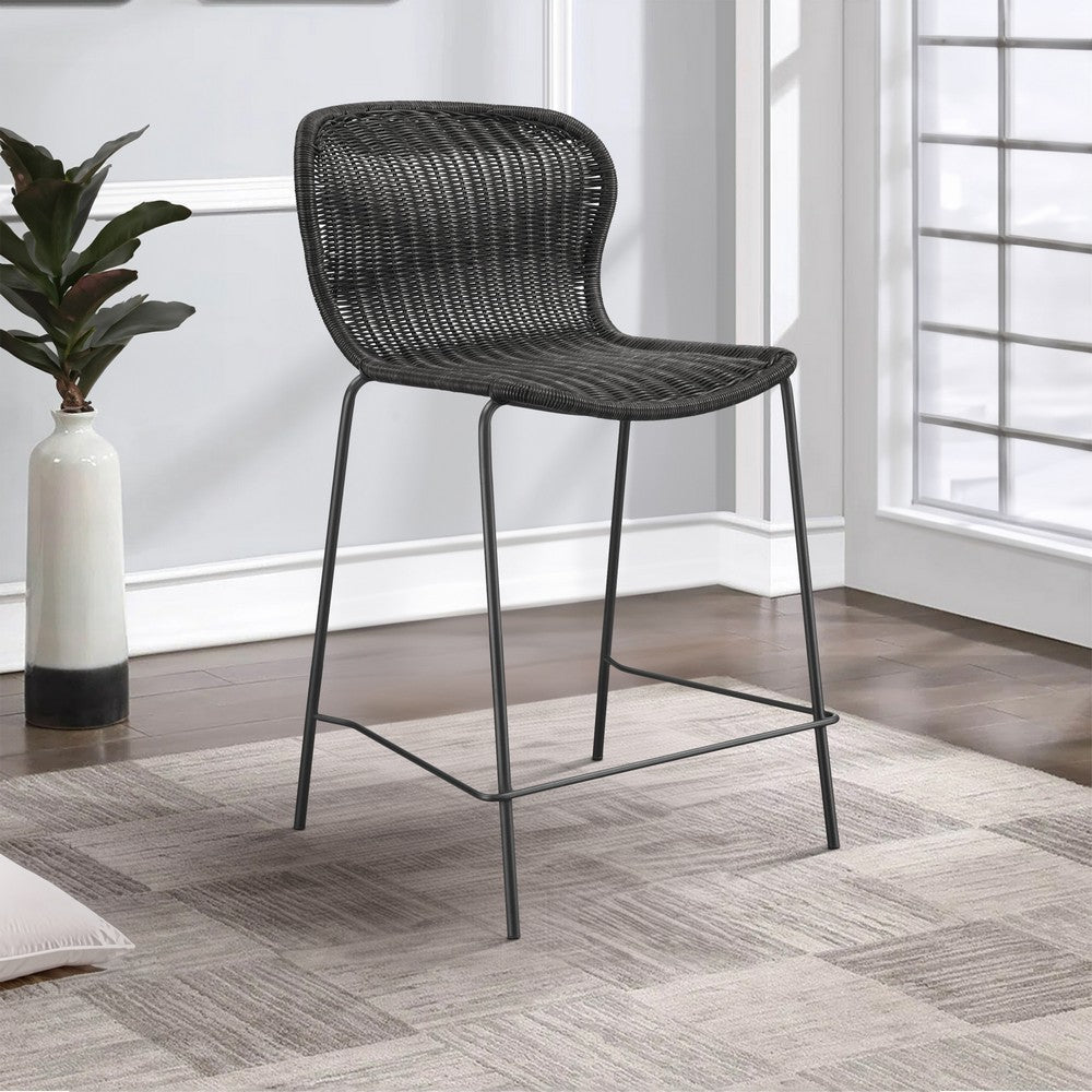 Qob 25 Inch Set of 2 Counter Stools, Brown Rattan Woven, Metal Frame