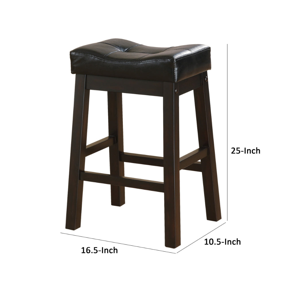 25 Inch Set of 2 Counter Height Stools, Brown Faux Leather Saddle Seat By Casagear Home