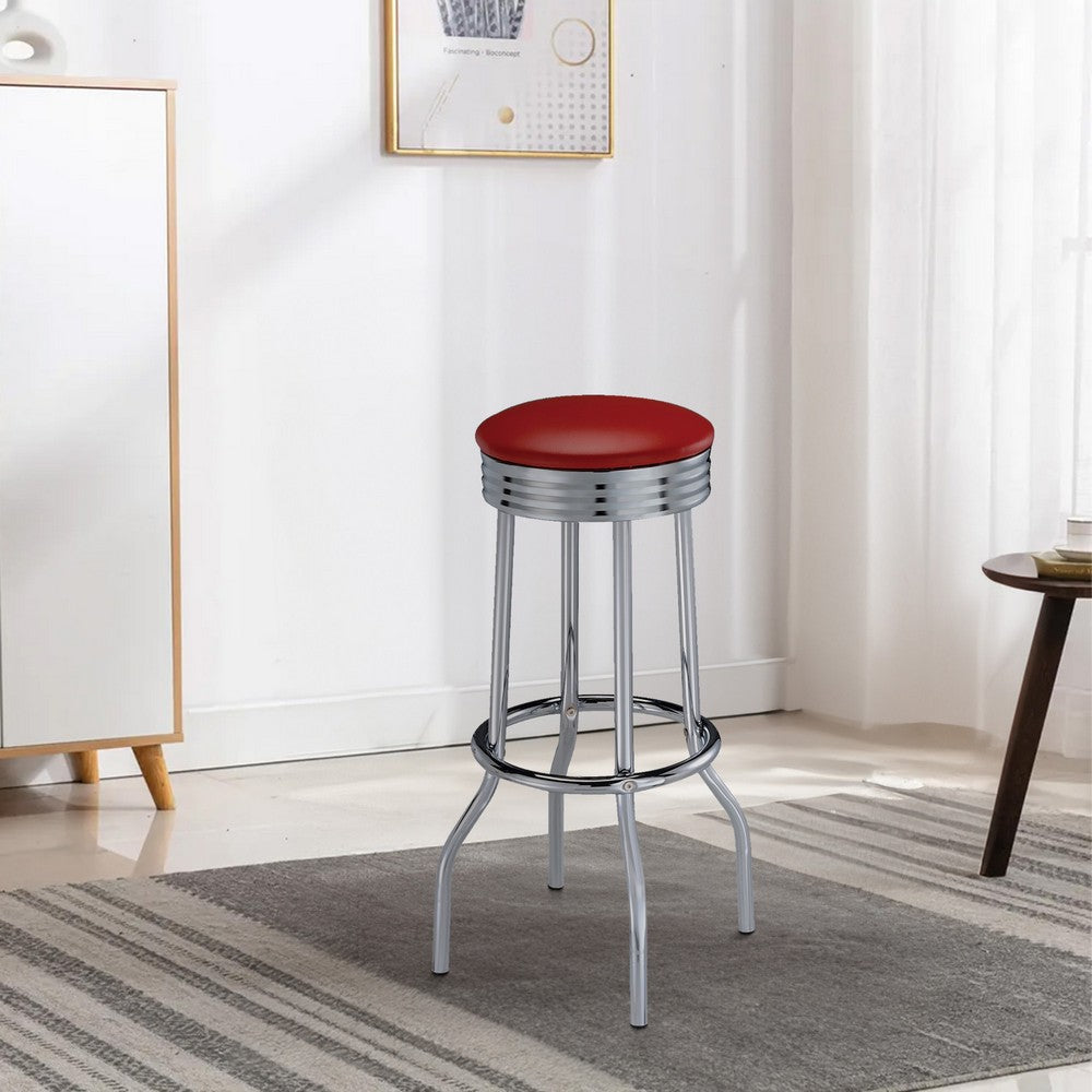 Barstool Set of 2 | 30" | Retro Red Faux Leather | Chrome Legs