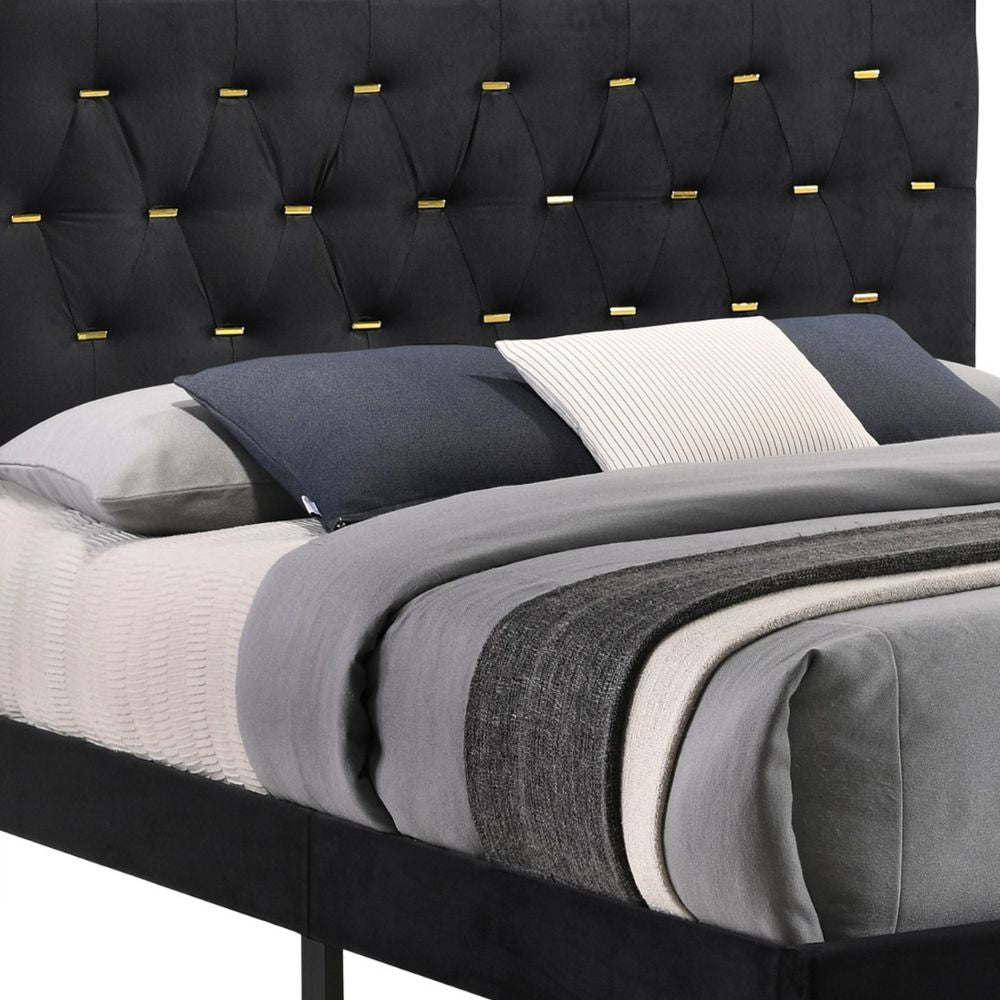 Lif Platform Queen Size Bed Panel Tufted Headboard Gold Black Velvet BM297255