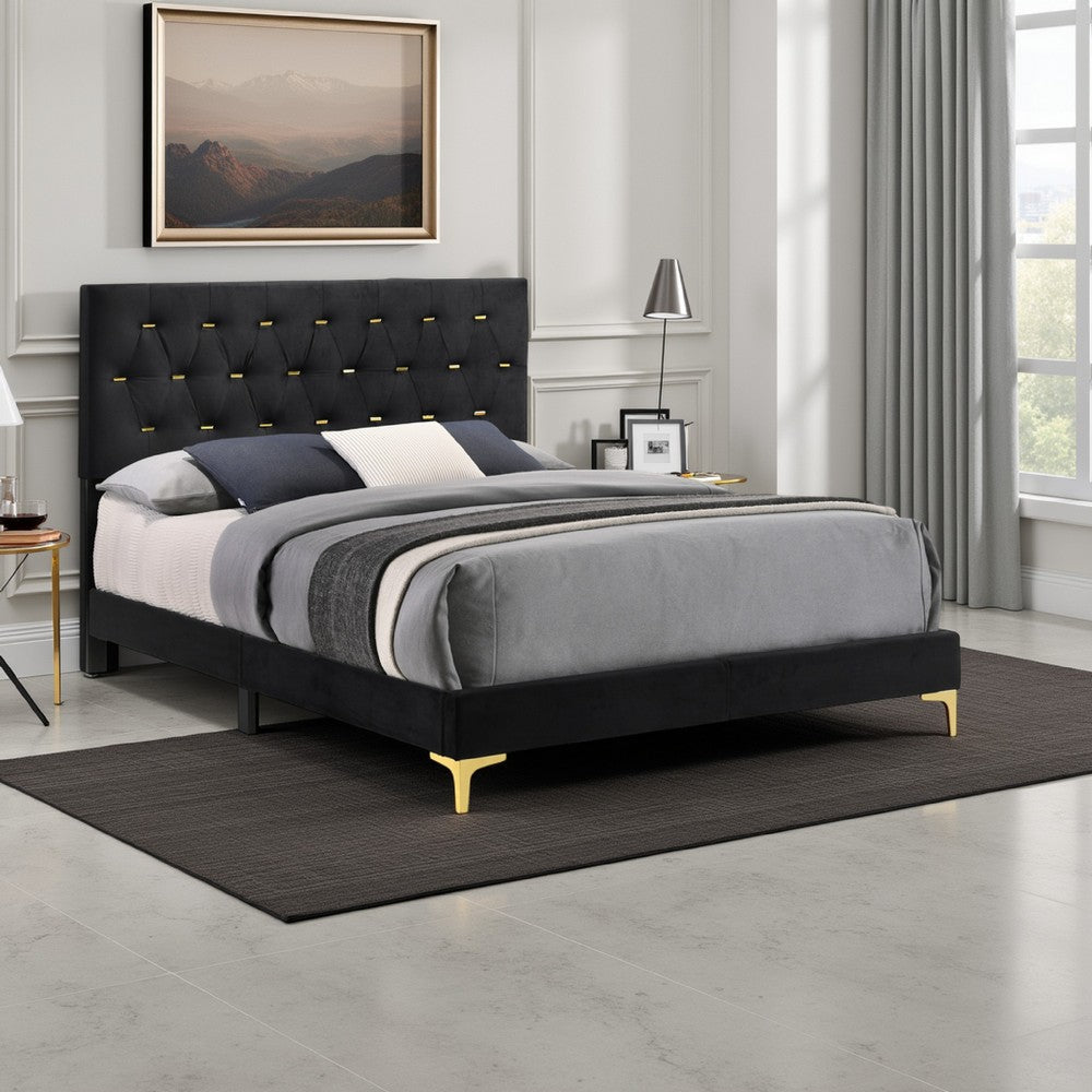 Lif Platform Queen Size Bed, Panel Tufted Headboard, Gold, Black Velvet