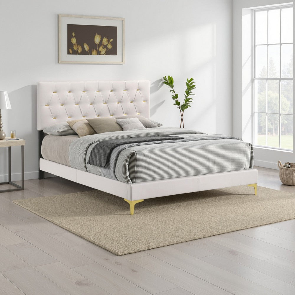Lif Platform California King Size Bed, Tufted Headboard, Gold, White Velvet By Casagear Home