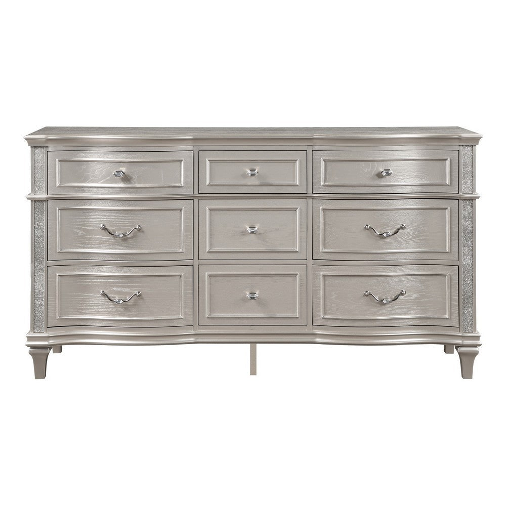 Inz 71 Inch 9 Drawer Wide Dresser Elegant Trim Details Classic Silver By Casagear Home BM297262