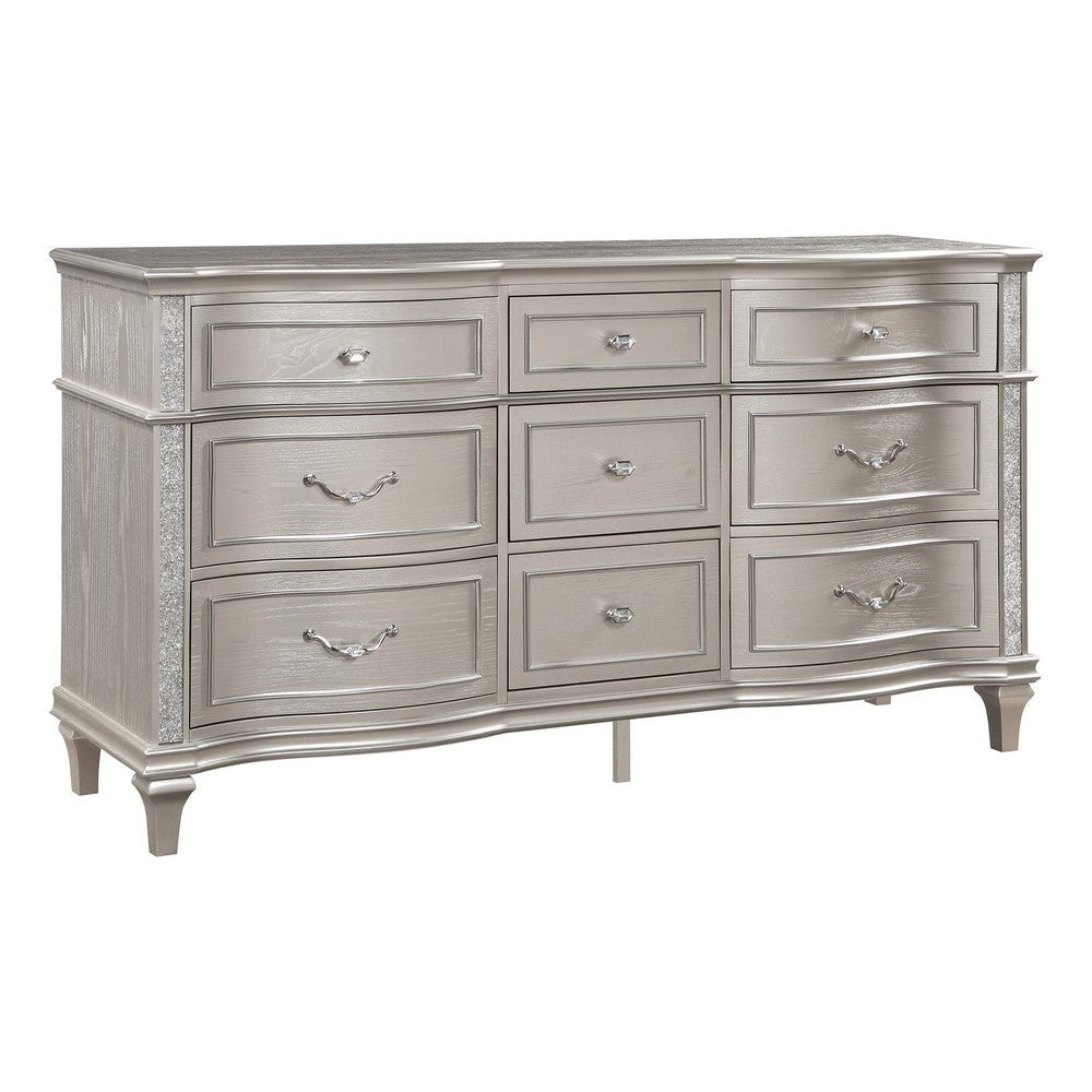 Inz 71 Inch 9 Drawer Wide Dresser, Elegant Trim Details, Classic Silver By Casagear Home