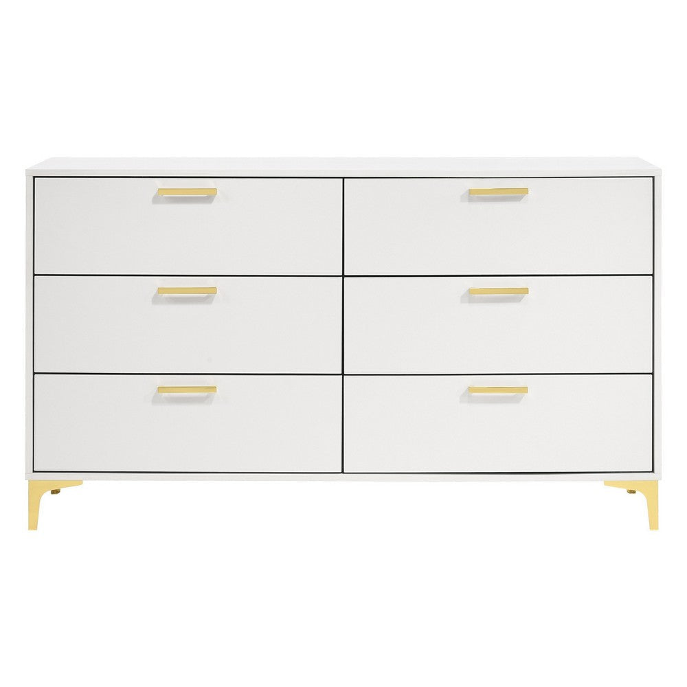 Lif 59 Inch Modern 6 Drawer Dresser Gold Metal Accents Brilliant White BM297268