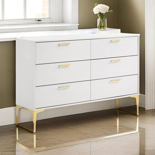 Lif 59 Inch Modern 6 Drawer Dresser, Gold Metal Accents, Brilliant White