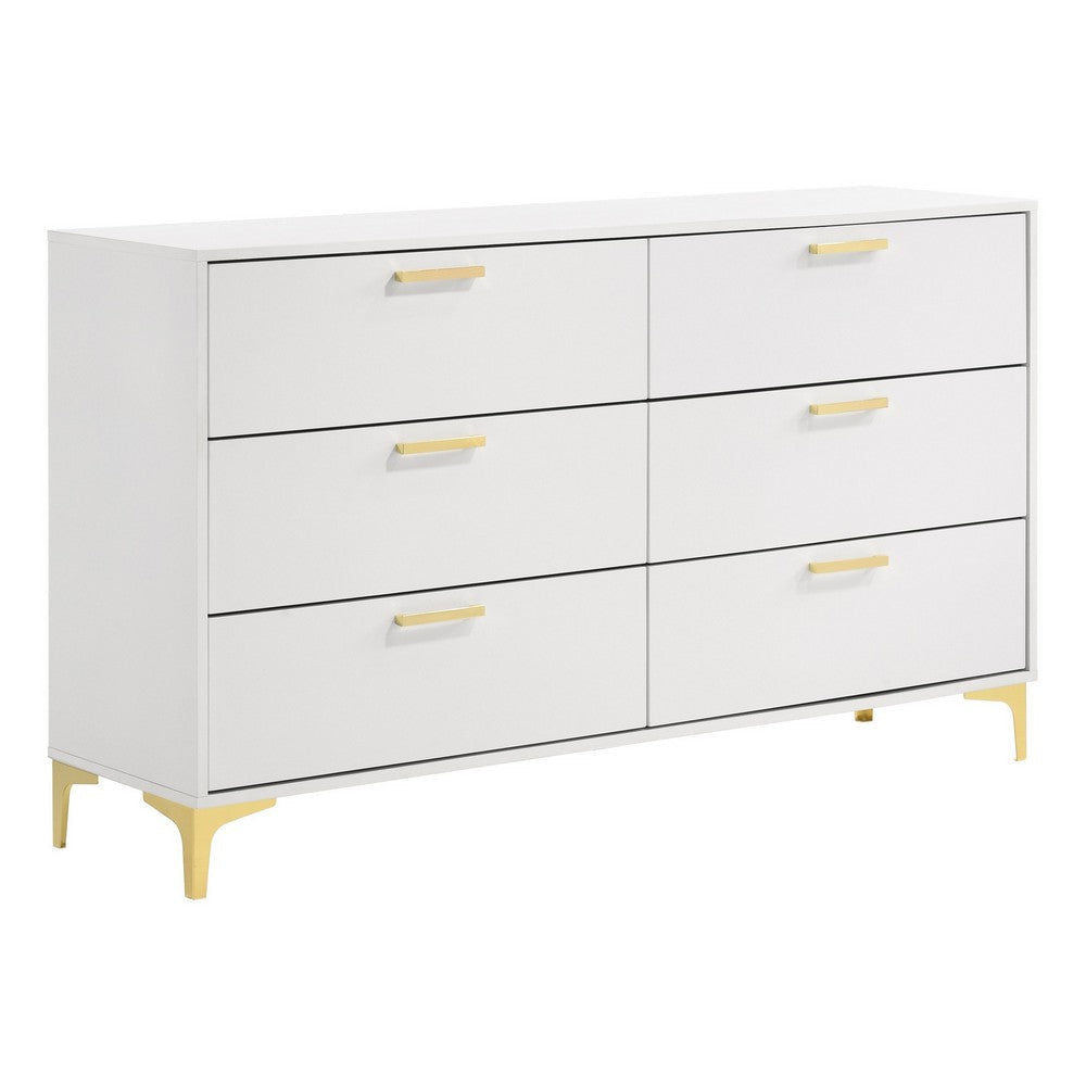 Lif 59 Inch Modern 6 Drawer Dresser, Gold Metal Accents, Brilliant White