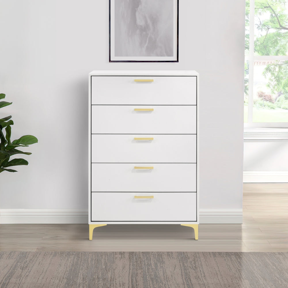 Lif Tall Dresser | 50" | 5 Drawers | Gold Accents | Smooth White