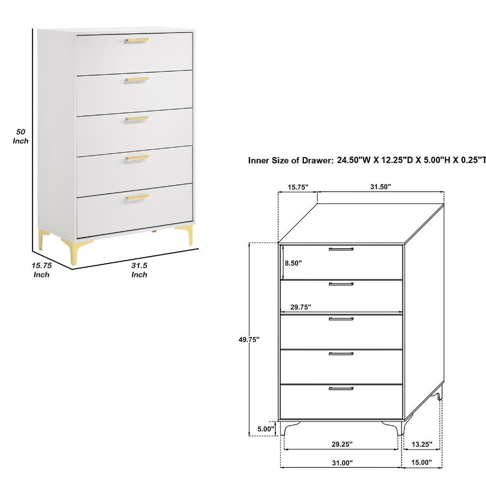 Lif Tall Dresser | 50" | 5 Drawers | Gold Accents | Smooth White