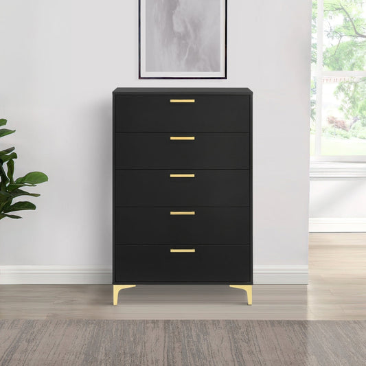 Lif 50 Inch Modern 5 Drawer Tall Dresser Chest, Gold Accents, Smooth Black By Casagear Home