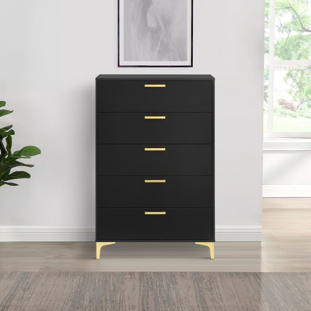 Benjara Lif 50 Inch Modern 5 Drawer Tall Dresser Chest, Gold Accents, Smooth Black