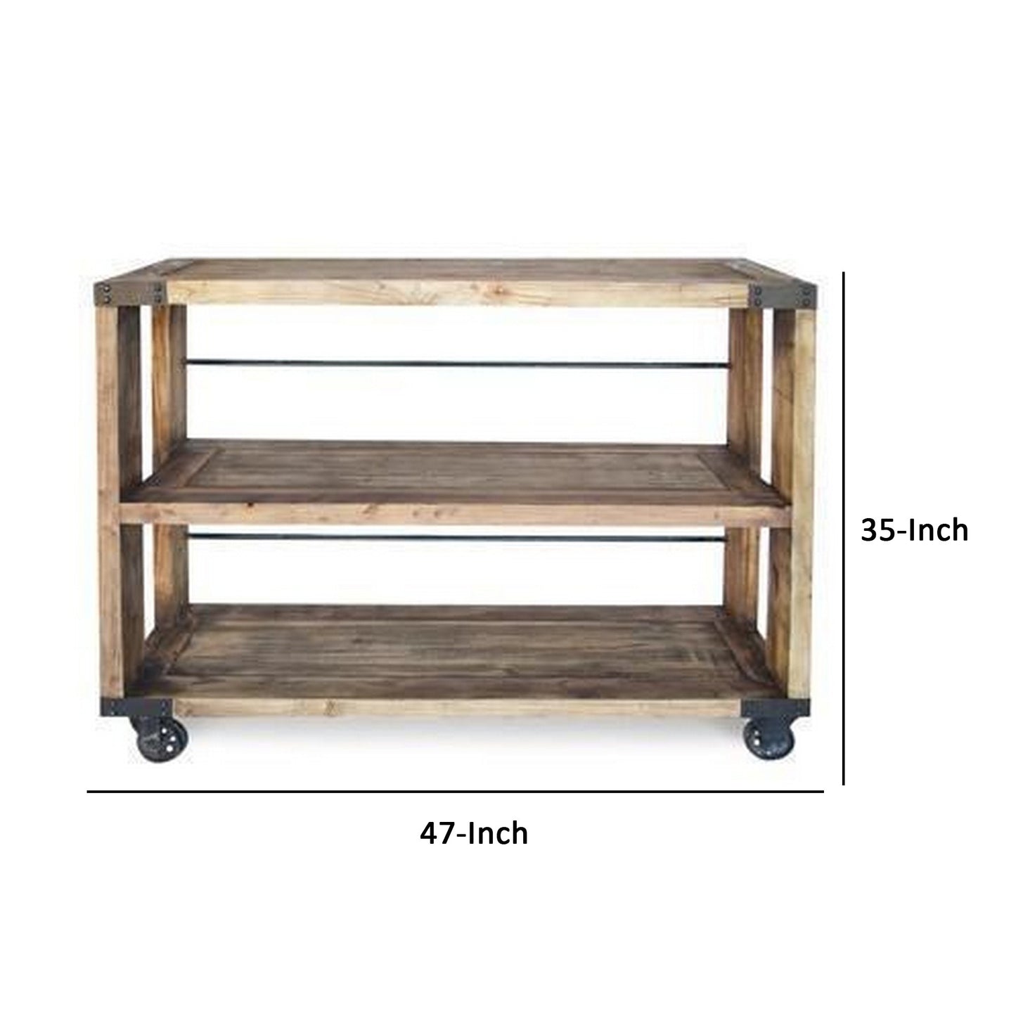 Sinu 47 Inch Console Table, 2 Shelves, Rolling Wheels, Reclaimed Brown Wood By Casagear Home