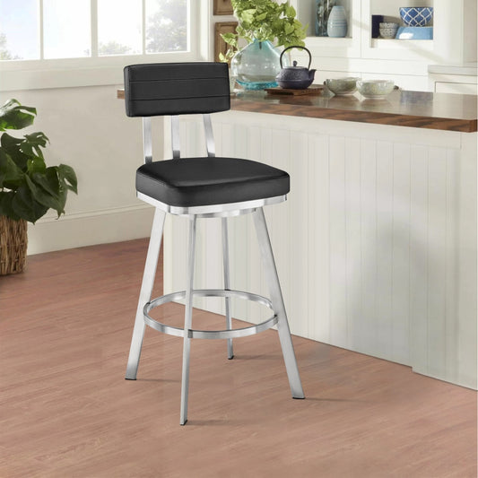 Col 26 Inch Swivel Counter Stool, Black Faux Leather, Stainless Steel Frame By Casagear Home