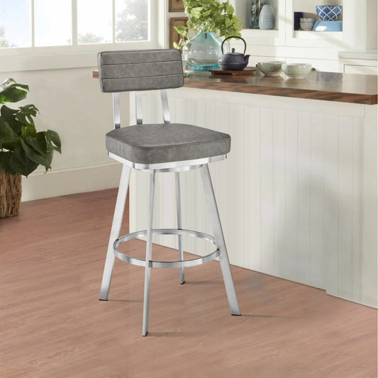 Col 26 Inch Swivel Counter Stool, Gray Faux Leather, Stainless Steel Frame By Casagear Home