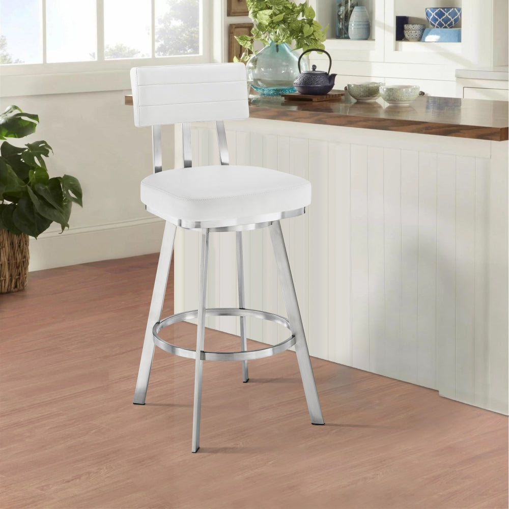 Col 26 Inch Swivel Counter Stool, White Faux Leather, Stainless Steel Frame By Casagear Home