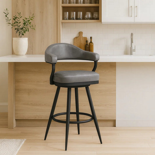 Knw Barstool Armchair | 30" | Swivel | Vintage Gray Faux Leather | Black