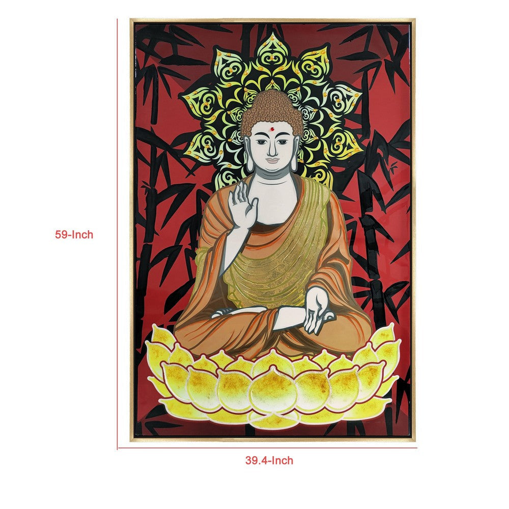 39 x 59 Hand Painted Buddha on Lotus Gold Frame Resin Coated Red Yellow BM298930