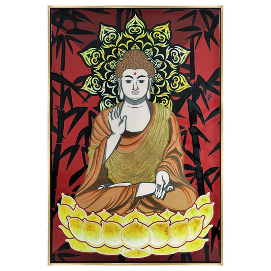 39 x 59 Hand Painted Buddha on Lotus, Gold Frame, Resin Coated, Red, Yellow