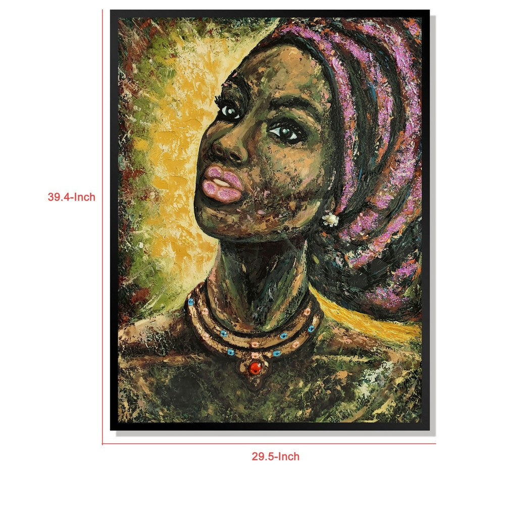 Rin 30 x 39 Hand Painted African Woman Resin Coat Warm Greens and Yellows BM298931