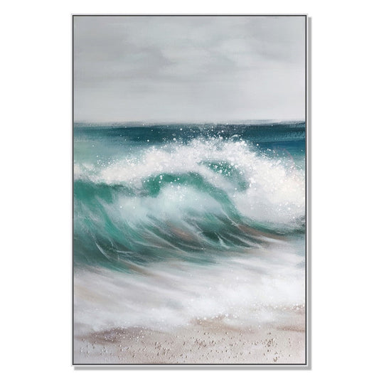 39 x 59 Hand Painted Cresting Waves, White Frame, Seafoam Green, Ocean Blue